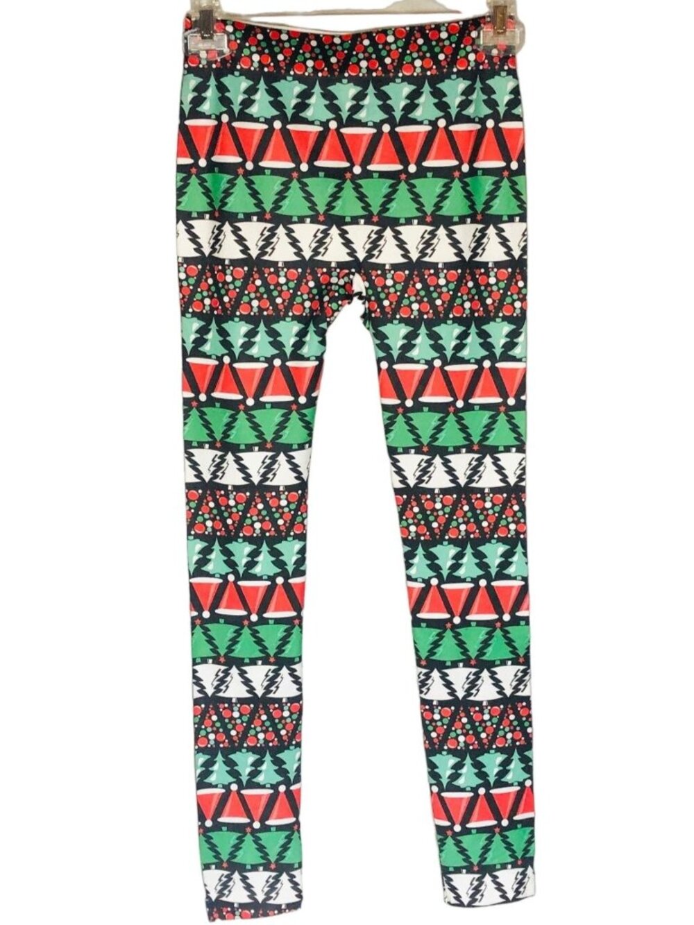 No Boundaries leggings Christmas trees green red black polyester small 3/5 READ